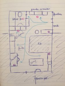 Hello 🙂 Je commence l’atelier… Voilà le plan de mon petit 23m2… Et un panorami